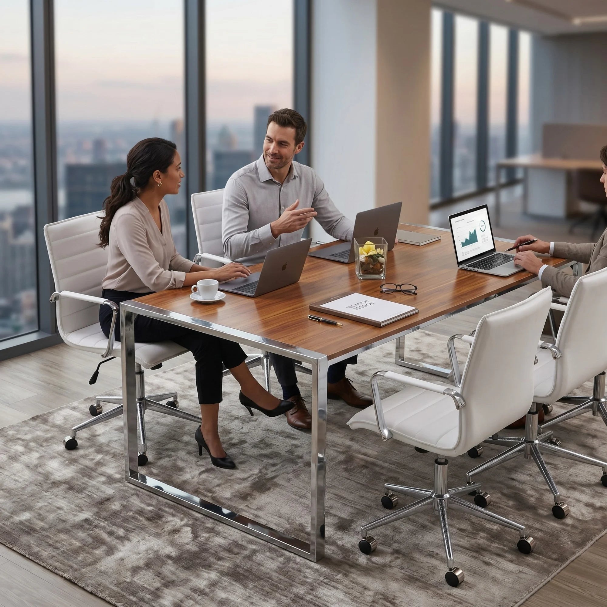 İstanbul Ofis Mobilya Apple 190x90cm ahşap toplantı masası, modern ofis ortamında çalışan profesyonellerle birlikte.