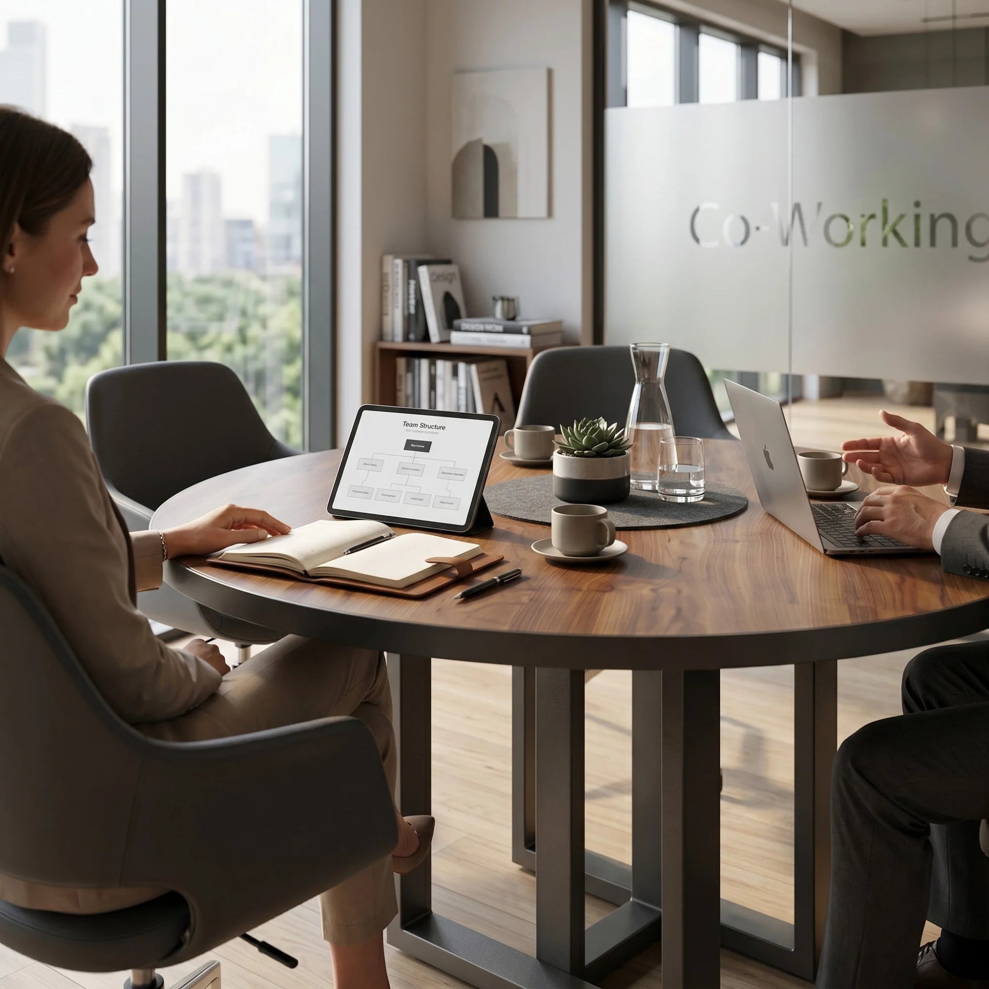 İstanbul Ofis Mobilya Belgrad yuvarlak ahşap toplantı masası, modern ofis ortamında çalışan profesyonellerle birlikte.