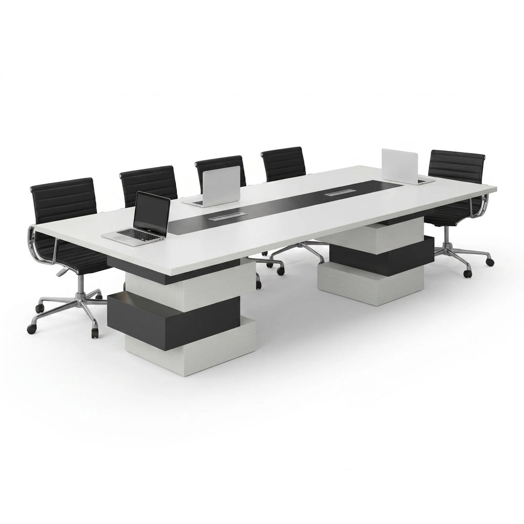 İstanbul Ofis Mobilya Fes toplantı masası, beyaz ve koyu gri renklerde, modern tasarımlı, 200x120x75 cm ölçülerinde, ofisler için ideal.