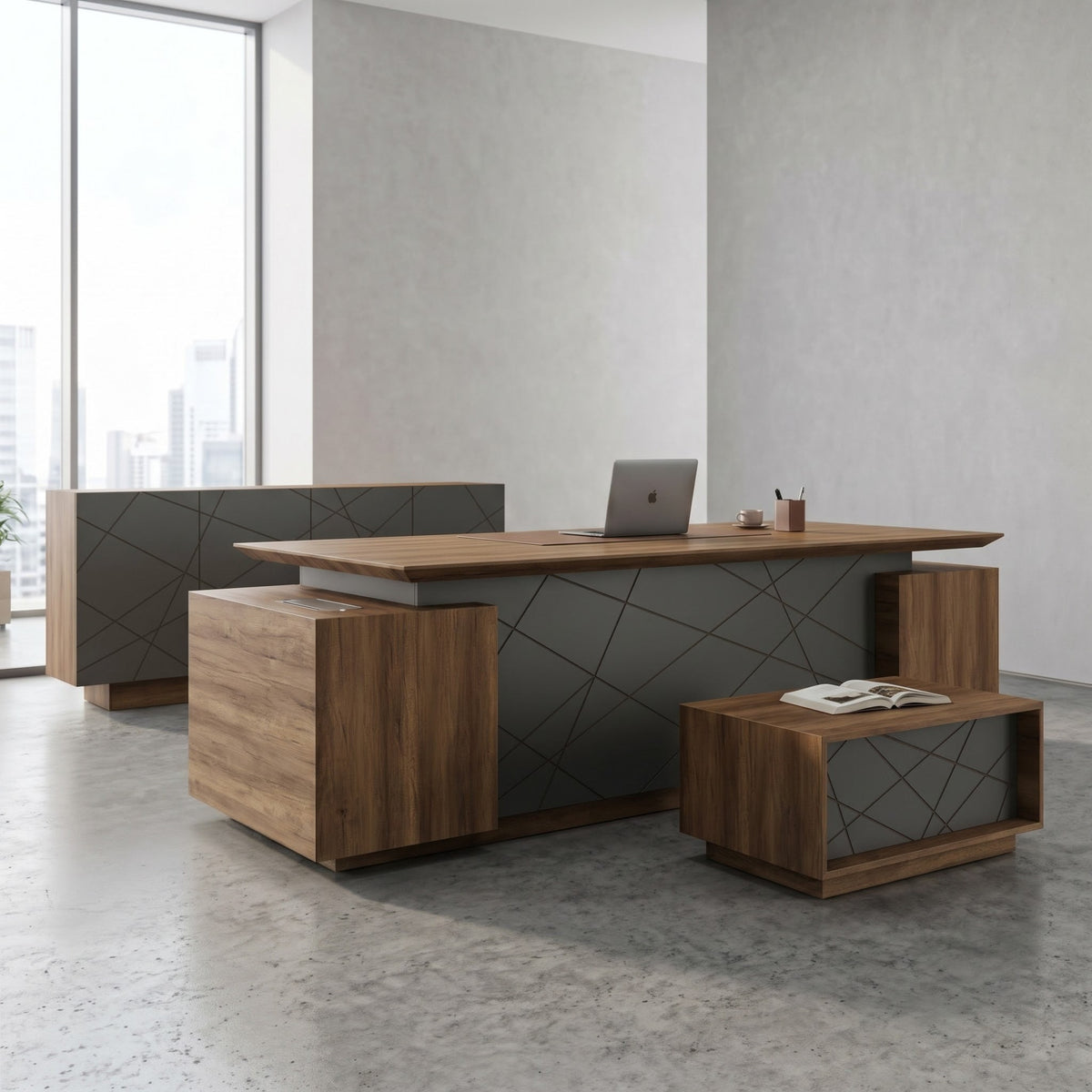 İstanbul Ofis Mobilya Alesta modern yönetici çalışma masası takımı, ceviz ve antrasit gri renkli geometrik tasarımlı.