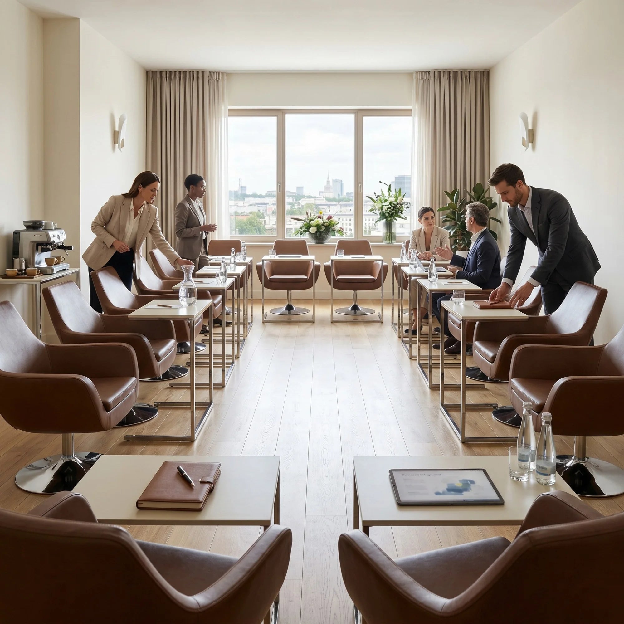 İstanbul Ofis Mobilya tarafından tasarlanmış, modern kahverengi deri koltuklu şık VIP toplantı ve seminer odası.