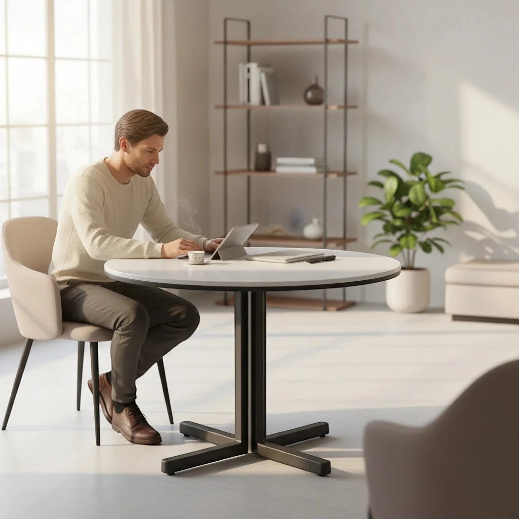 İstanbul Ofis Mobilya modern daire toplantı masası, beyaz yuvarlak tablalı ve siyah metal ayaklı şık çalışma masası.