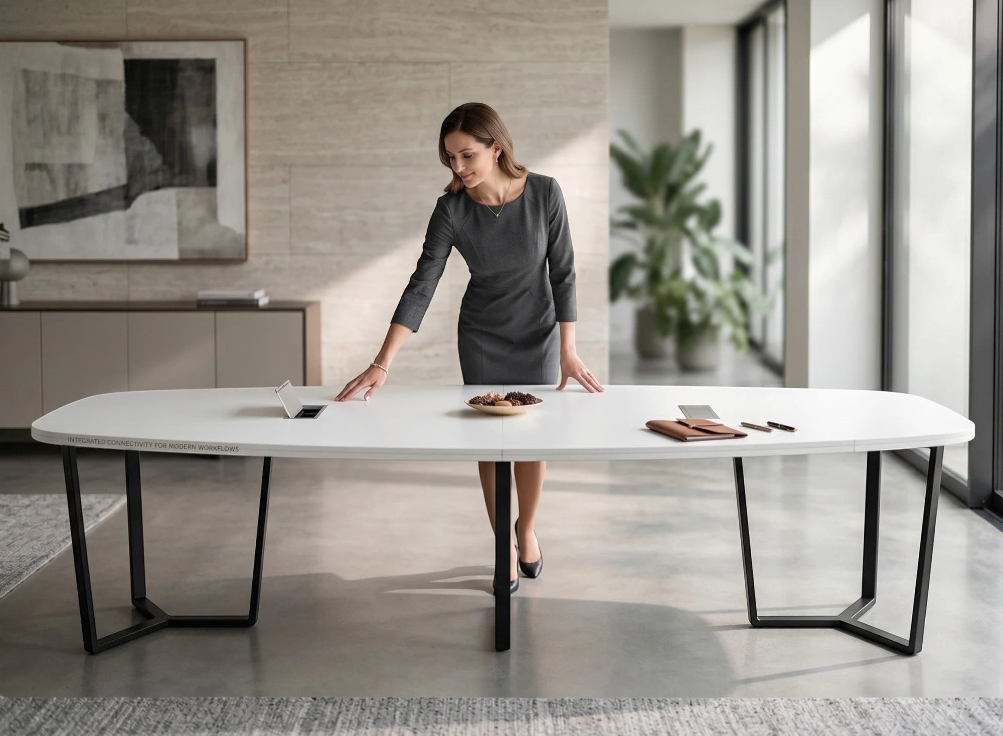 İstanbul Ofis Mobilya beyaz oval toplantı masası, siyah metal ayaklı, modern ofis ortamında şık tasarım.