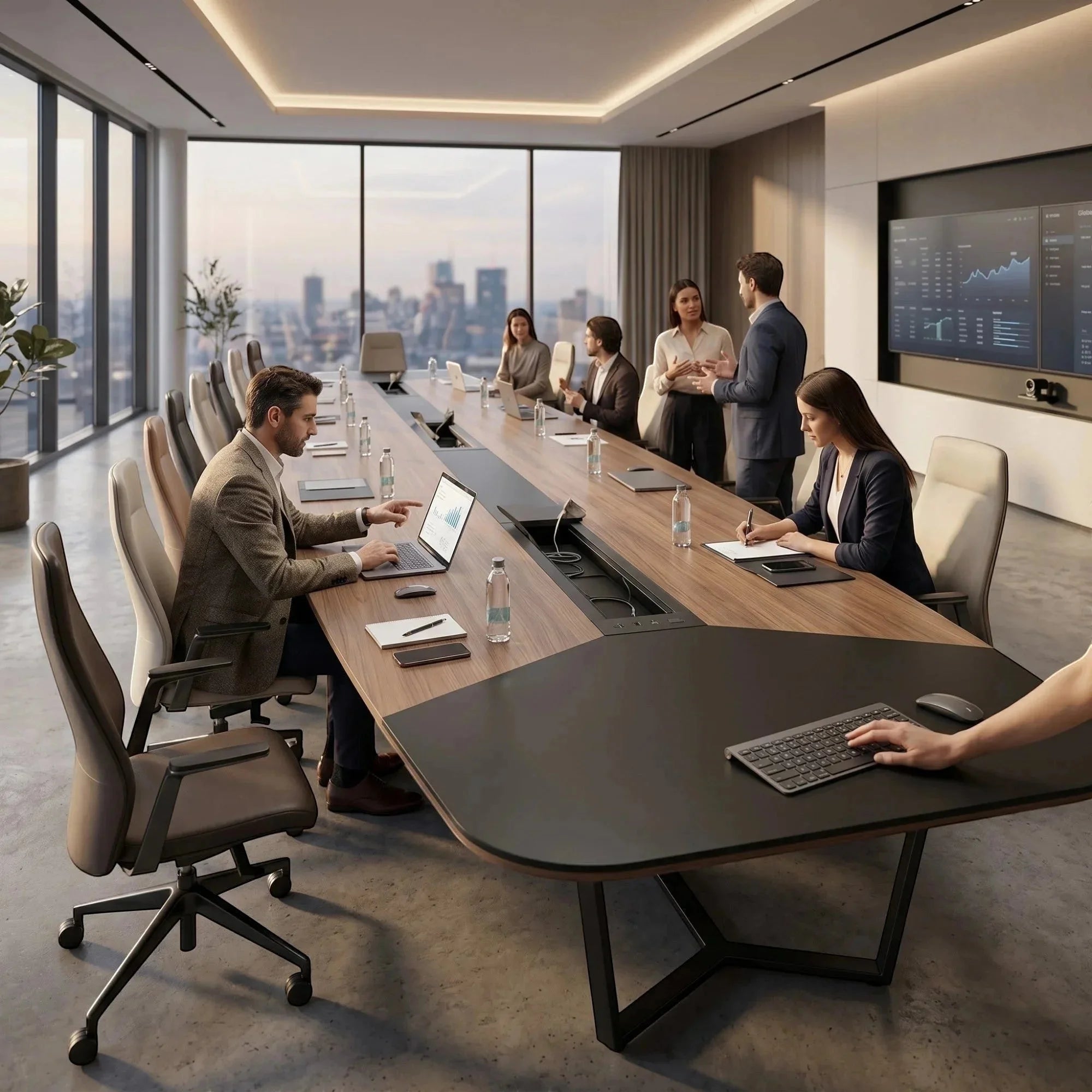 İstanbul Ofis Mobilya modern ahşap ve siyah detaylı, kablo yönetimli, 20-22 kişilik büyük oval ofis toplantı masası.
