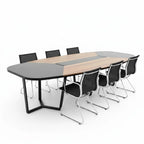 İstanbul Ofis Mobilya 355x150cm antrasit ve ahşap detaylı modern oval toplantı masası ve siyah fileli ofis sandalyeleri