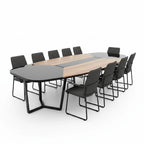 İstanbul Ofis Mobilya marka 355x150cm boyutlarında, antrasit ve ahşap detaylı modern oval toplantı masası takımı.