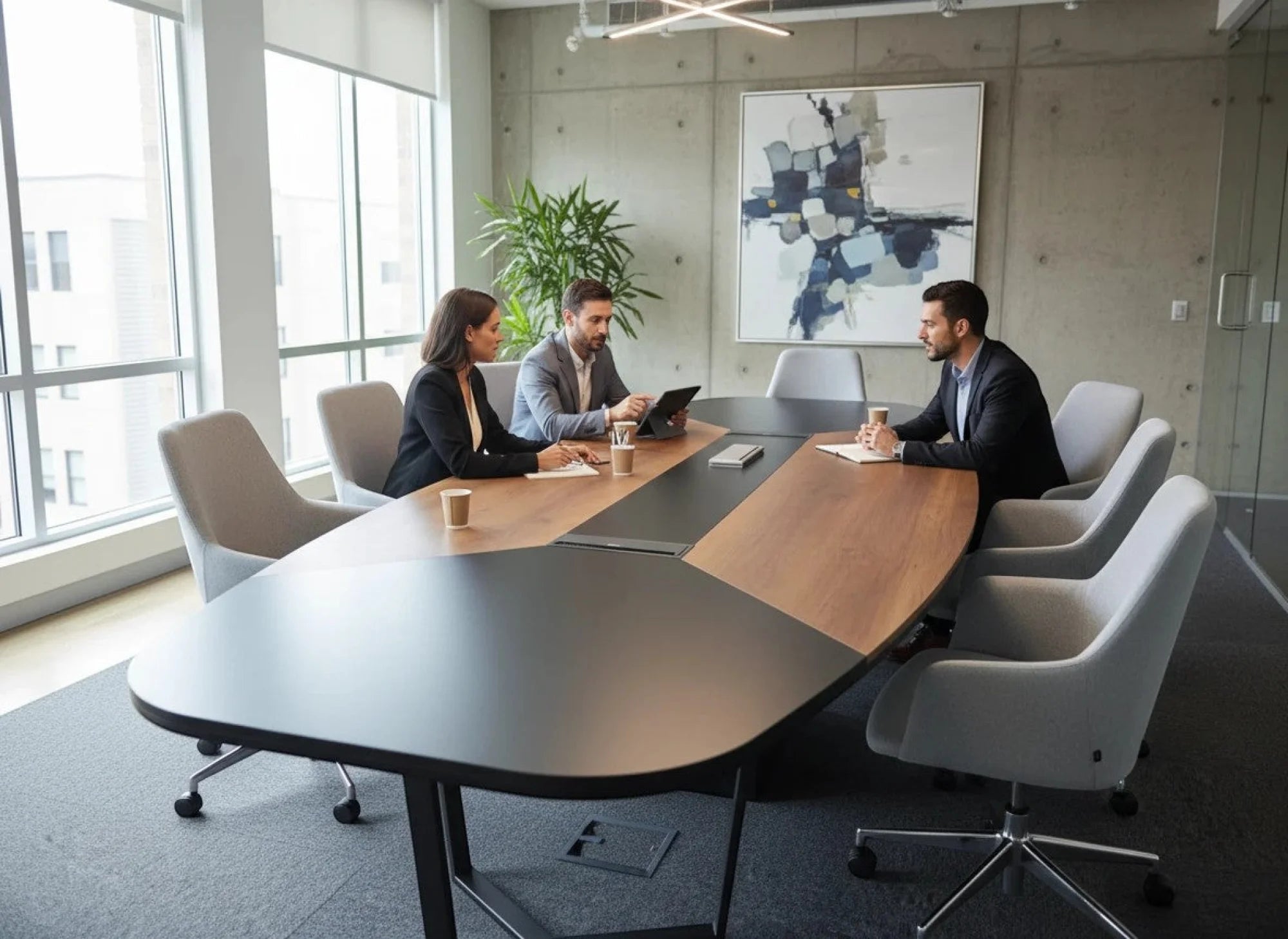 İstanbul Ofis Mobilya marka barok antrasit renkli, 355x150cm ölçülerinde modern oval toplantı masası.