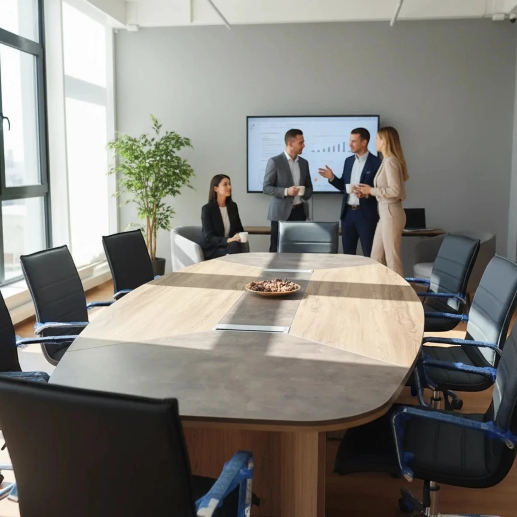 İstanbul Ofis Mobilya modern oval toplantı masası, ahşap ve gri detaylı, şık ofis ortamında profesyonel ekip çalışması.