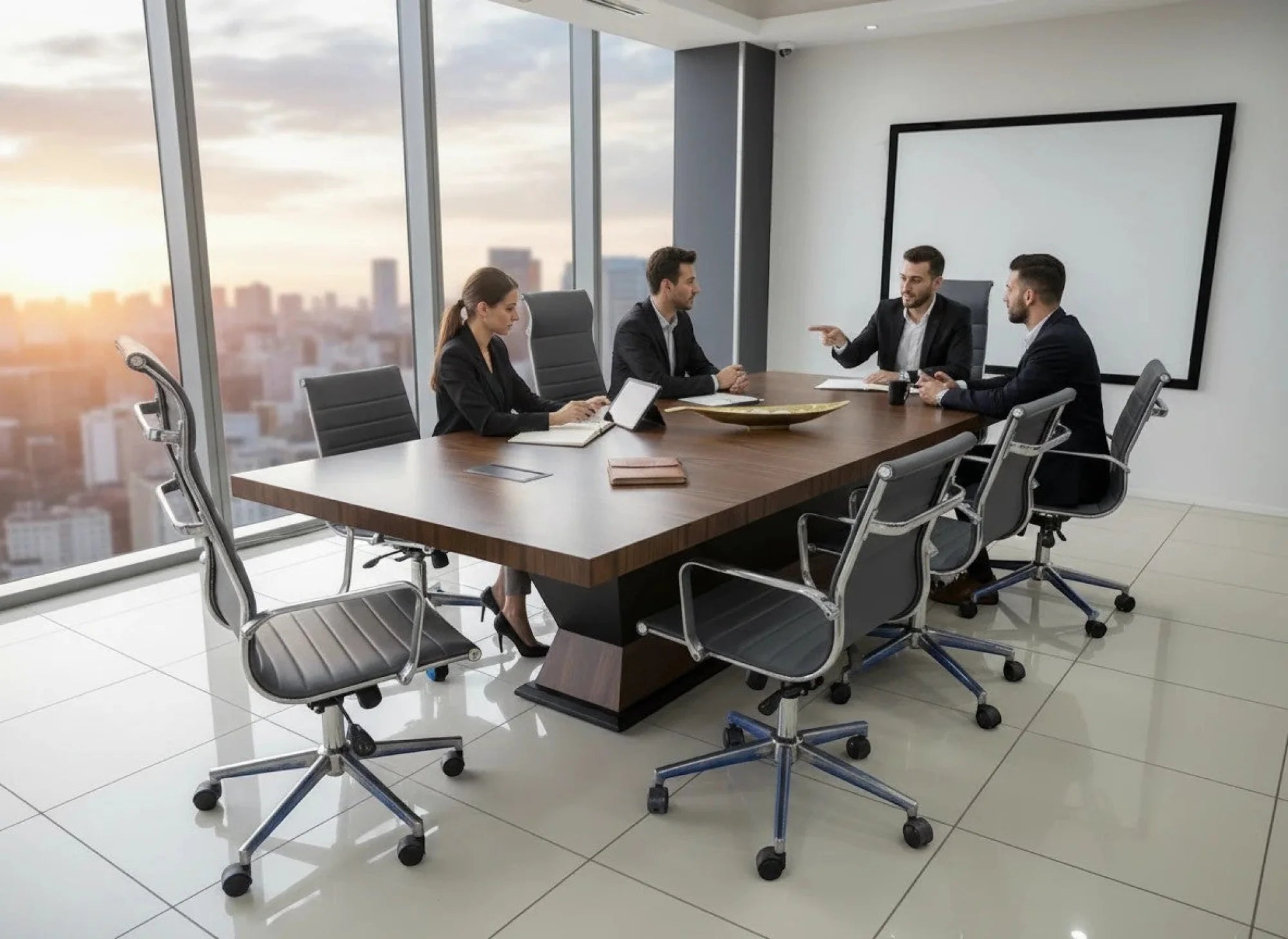 İstanbul Ofis Mobilya modern ceviz ve siyah detaylı yönetici toplantı masası, kurumsal ofis ortamında profesyoneller
