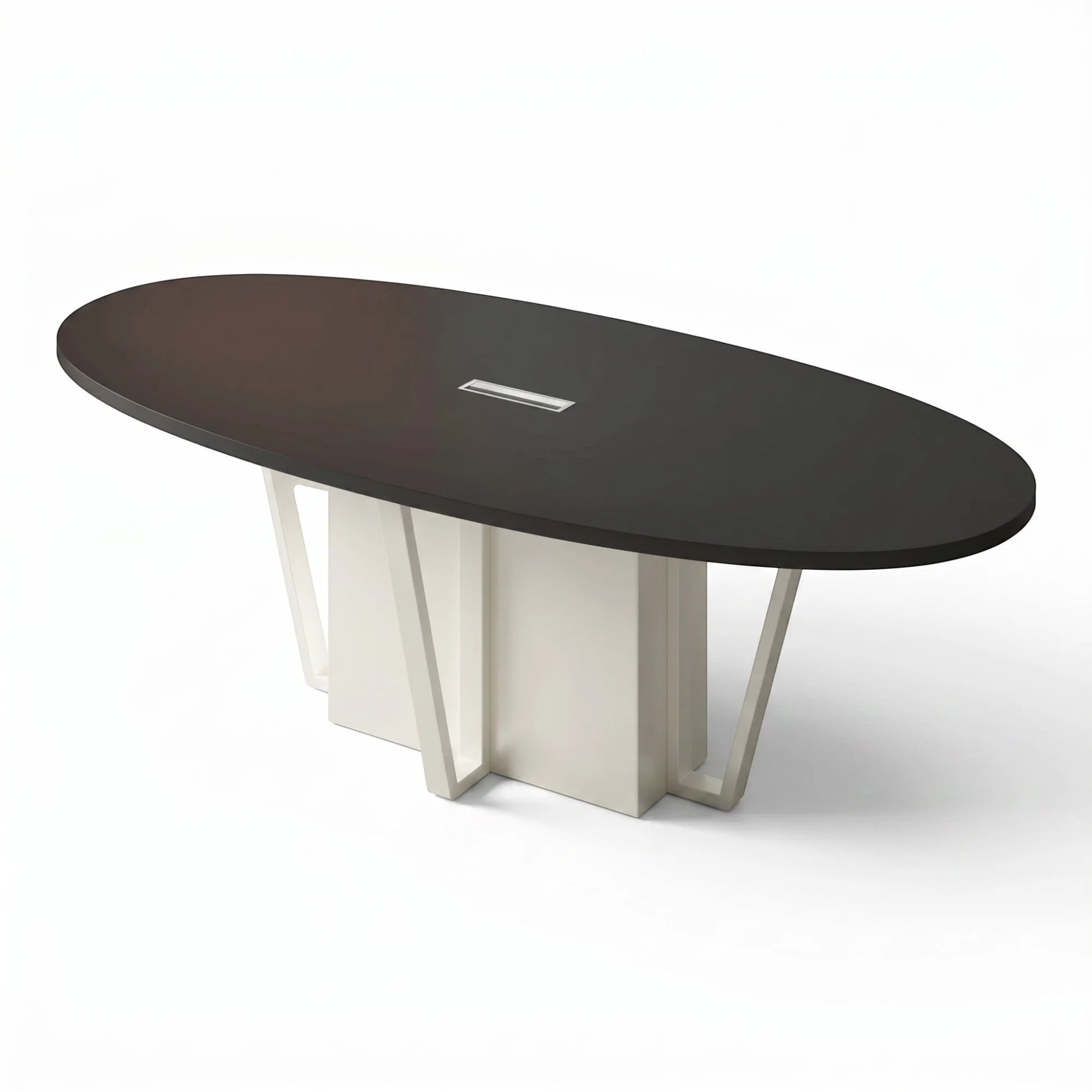 İstanbul Ofis Mobilya marka, koyu renkli oval tablalı ve modern beyaz ayaklı 200x120 cm Kaduna toplantı masası.