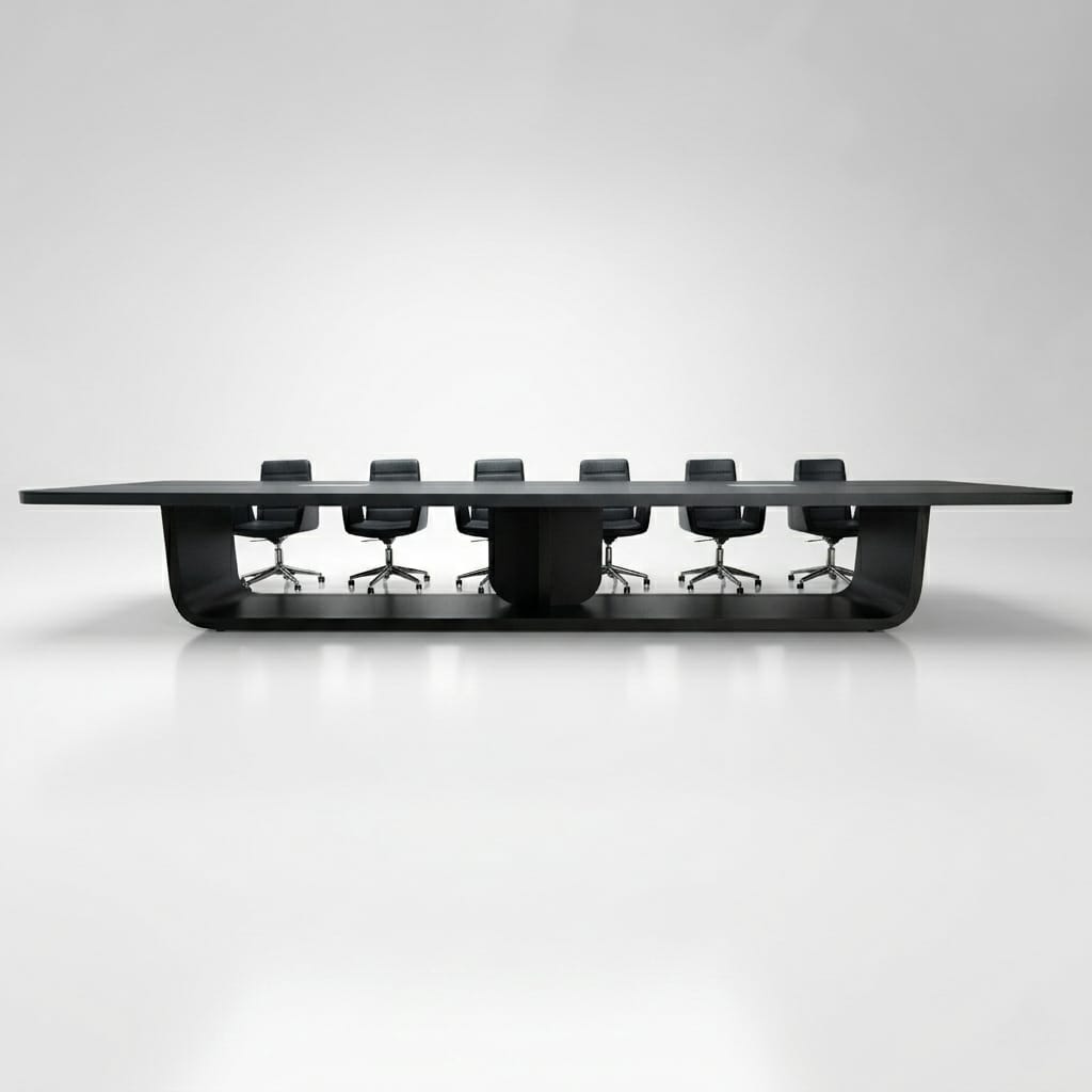 Mesa de reuniones grande lacada en negro con capacidad para 20 personas.